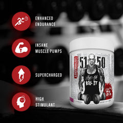 Close-up of 5% Nutrition Rich Piana 5150 Blue Ice label highlighting ingredients.