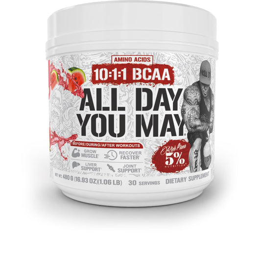 5% Nutrition Rich Piana AllDayYouMay BCAA powder tub front for intra-workout hydration.