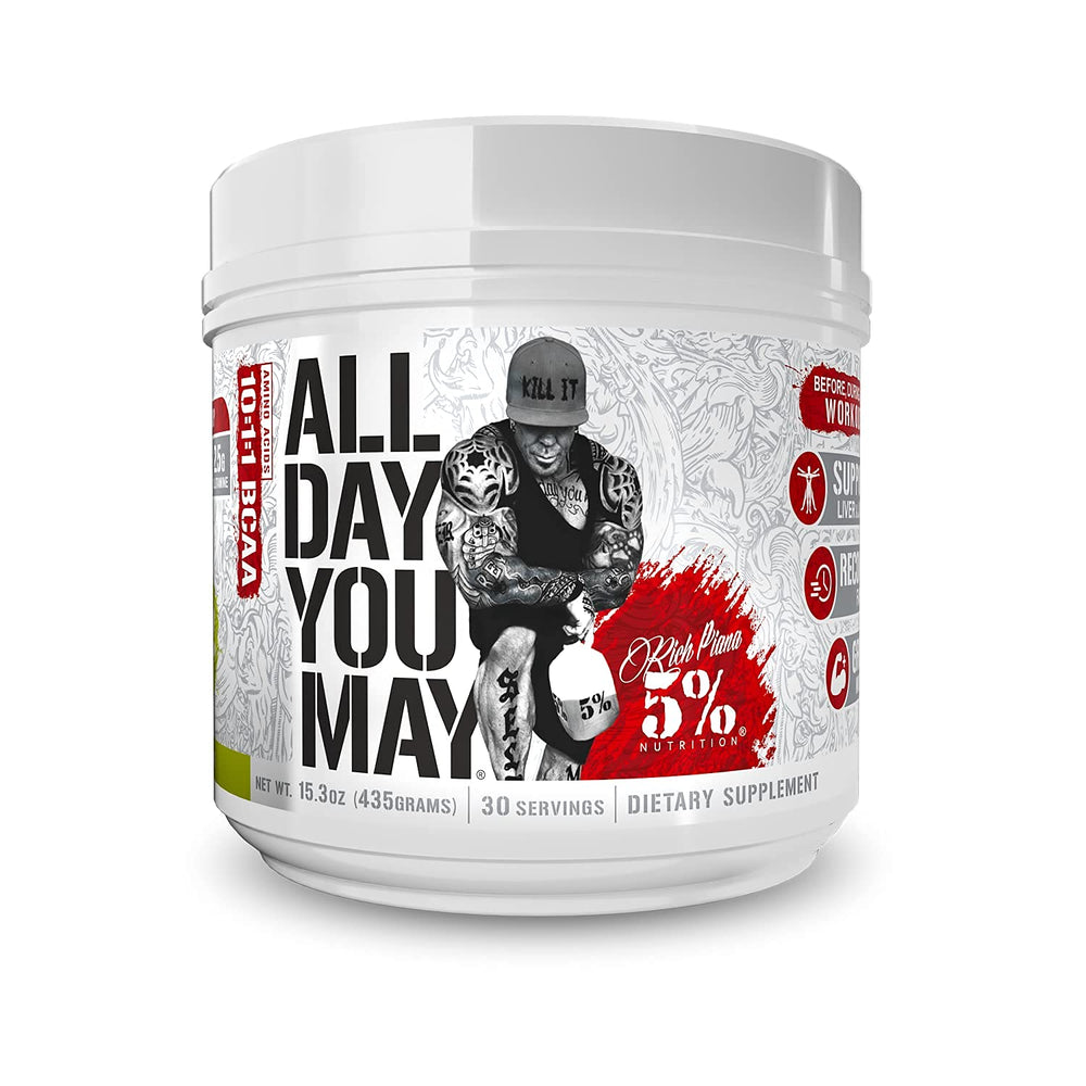 5% Nutrition Rich Piana AllDayYouMay BCAA powder bottle shown for hydration during workouts