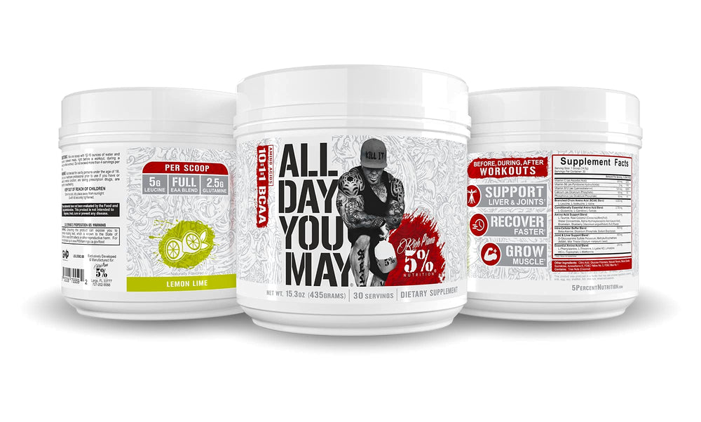Scoop of Rich Piana AllDayYouMay BCAA powder ready for precise dosing