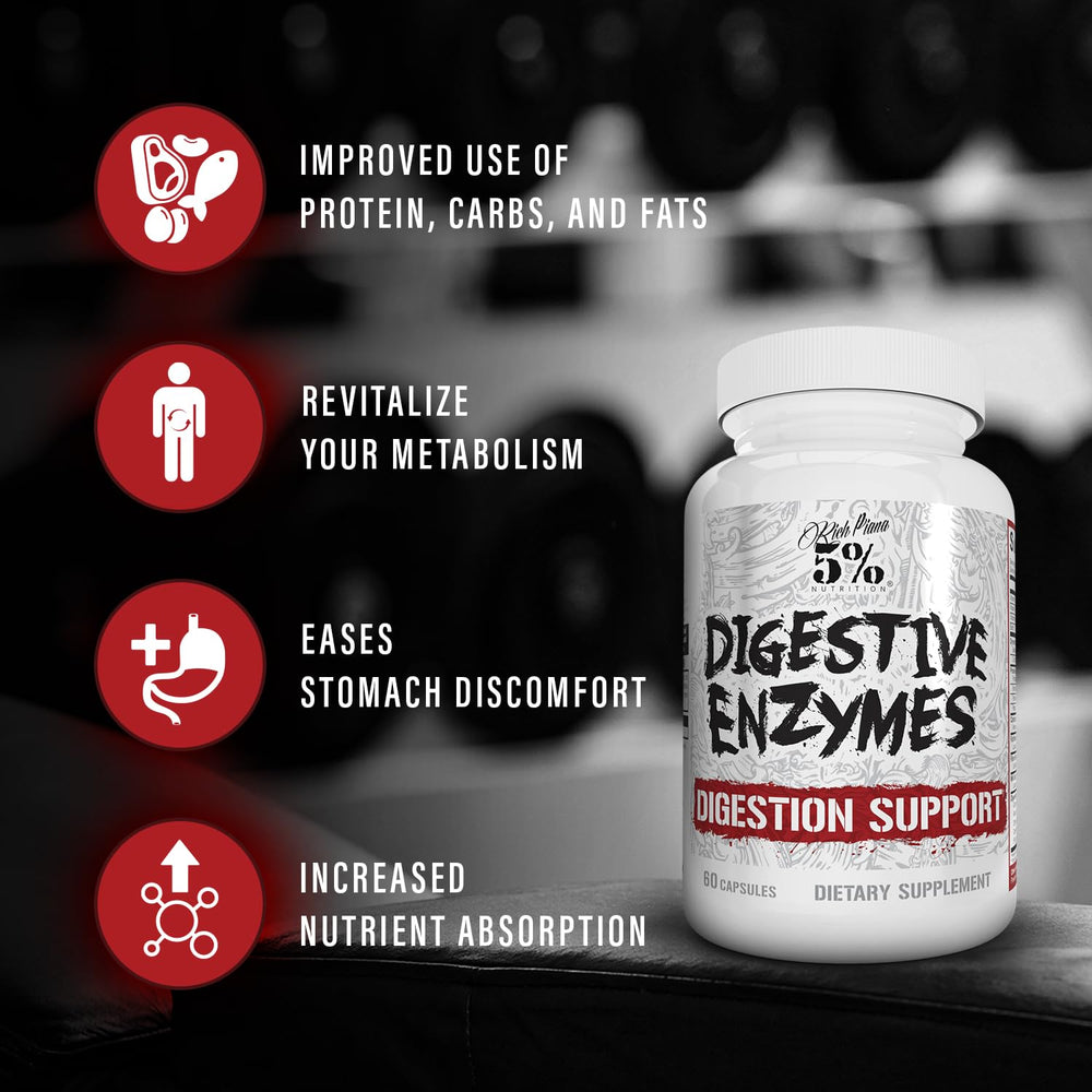 5% Nutrition Rich Piana Digestive Enzymes bottle pour shot suggests easy access.
