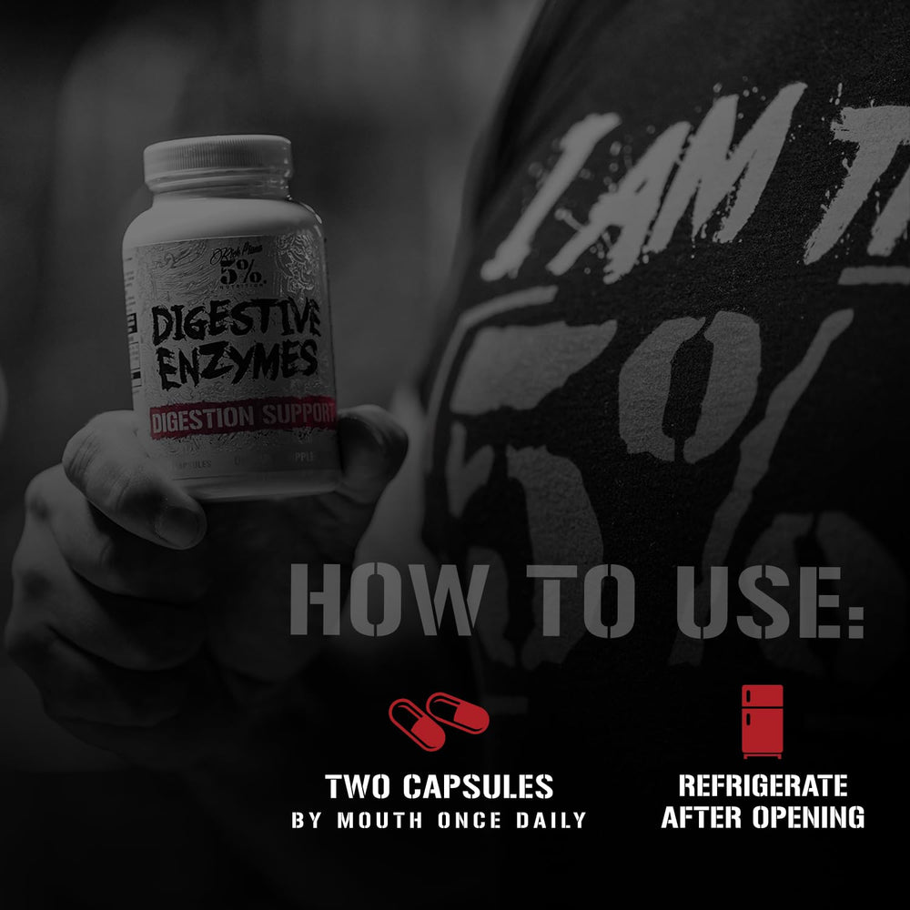 5% Nutrition Rich Piana Digestive Enzymes packaging display informs shelf appeal and product integrity.