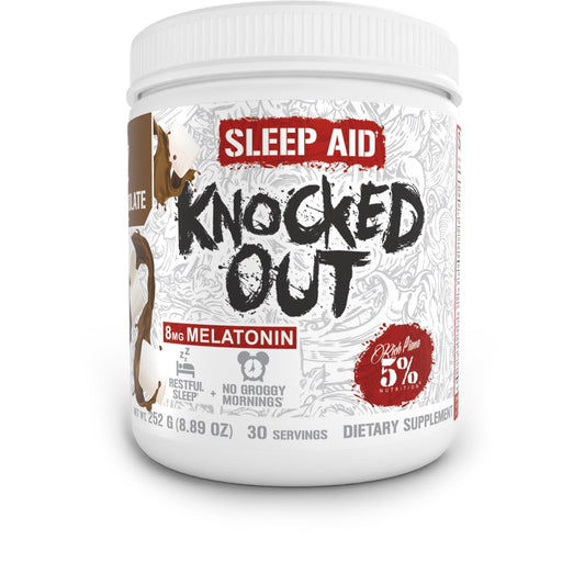 5% Nutrition Rich Piana Knocked Out bottle with hot chocolate flavor promotes restful sleep.