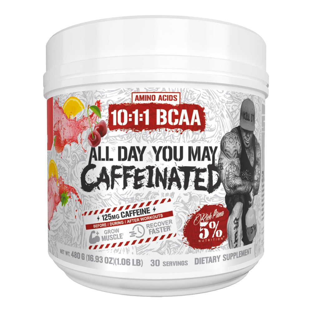 5% Nutrition Rich Piana AllDayYouMay Caffeinated BCAA Energy Powder Fruit Punch tub for pre-workout hydration.