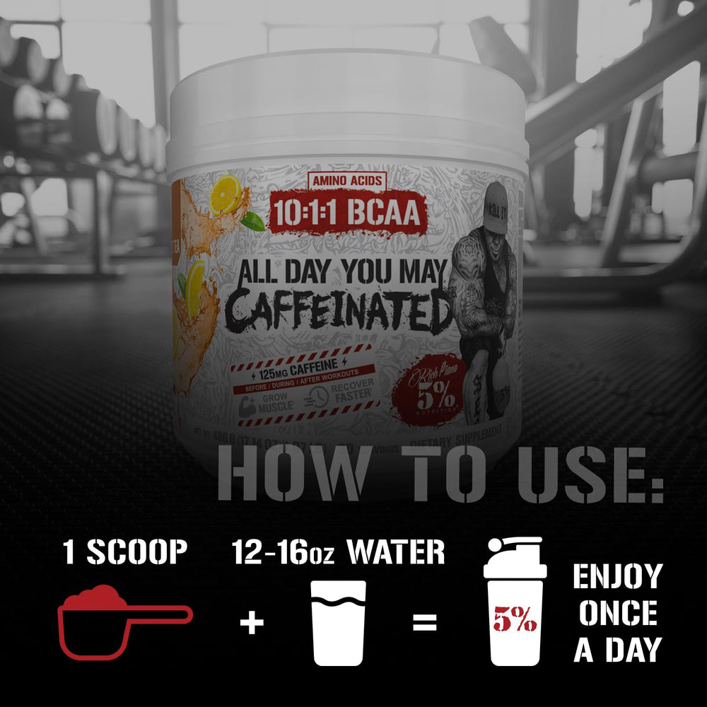 5% Nutrition Rich Piana AllDayYouMay electrolyte hydration blend image emphasizing minerals for workouts.