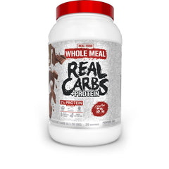 5% Nutrition Rich Piana Real Carbs + Protein tub in chocolate flavor for meal replacement.