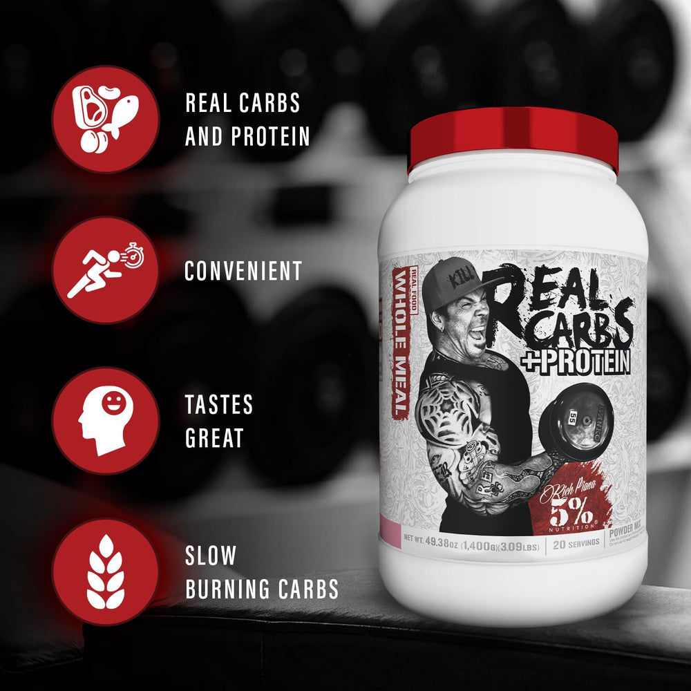 5% Nutrition Real Carbs + Protein shake being poured into a glass.
