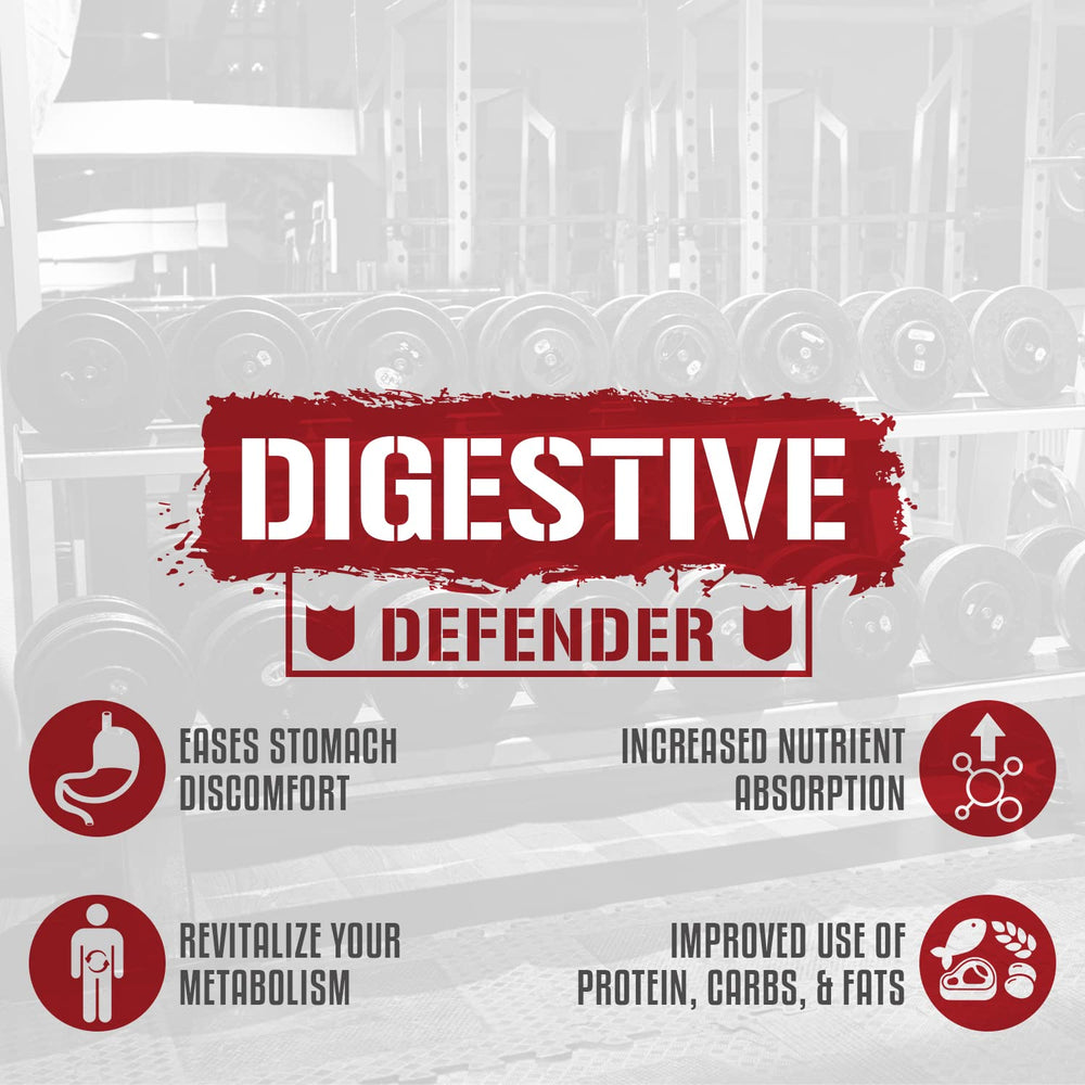 Close-up of Rich Piana Digestive Defender capsules highlighting enzymes blend for fat and carb breakdown.