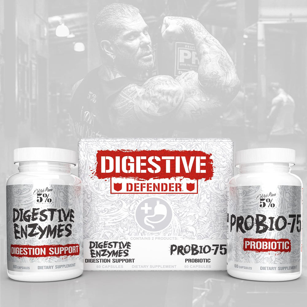 Label view of Rich Piana Digestive Defender showing 120 capsules for daily use.