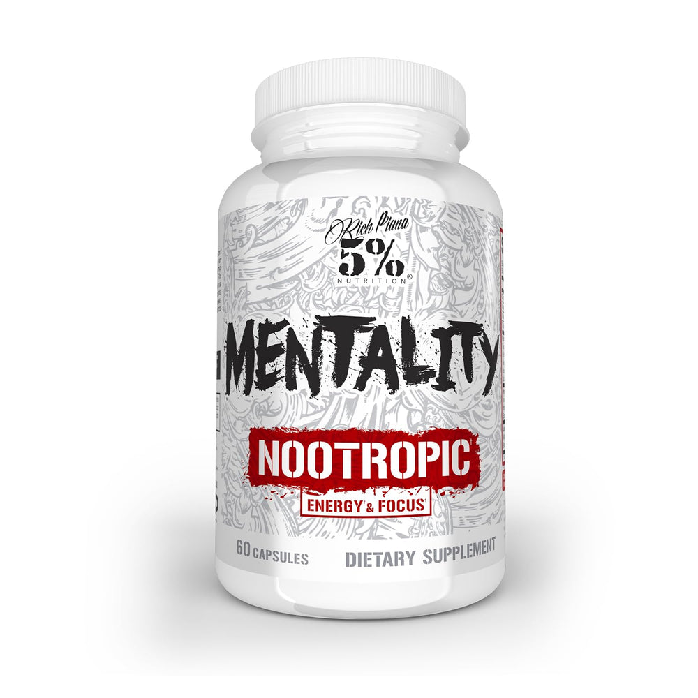 5% Nutrition Rich Piana Mentality bottle on desk promoting focused energy.