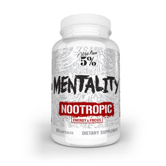 5% Nutrition Rich Piana Mentality bottle on desk promoting focused energy.