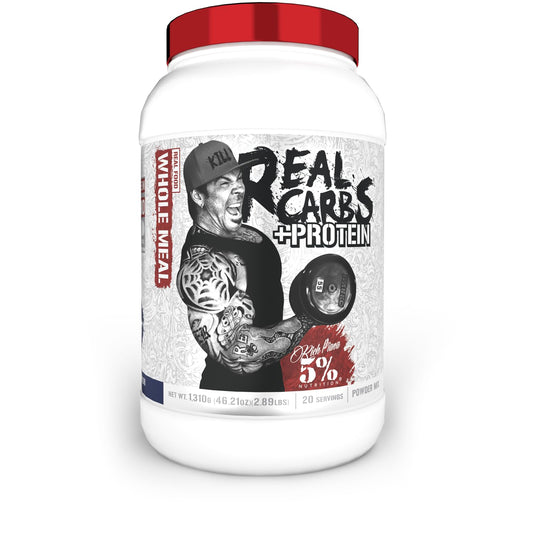5% Nutrition Rich Piana Real Carbs + Protein bottle pour for quick pre-workout fueling.