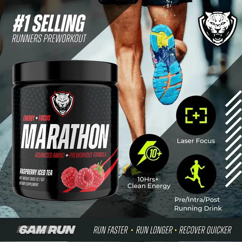 6AM Run Marathon Amino Energy scoop and powder close-up for quick pre-run fueling.