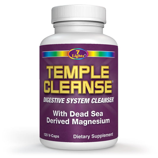 Temple Cleanse bottle front view for convenient digestive support by 7 Lights.