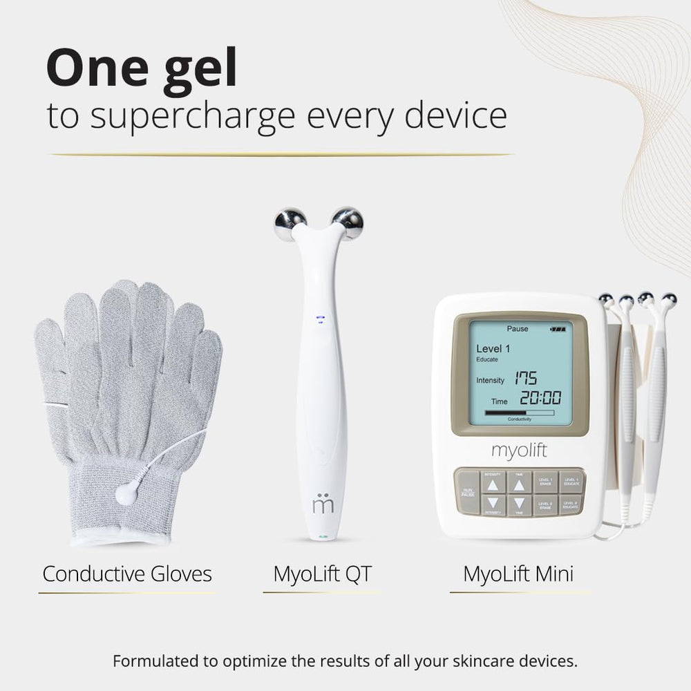 Hands applying 7E Wellness Myolift ReNu Conductive Gel during routine