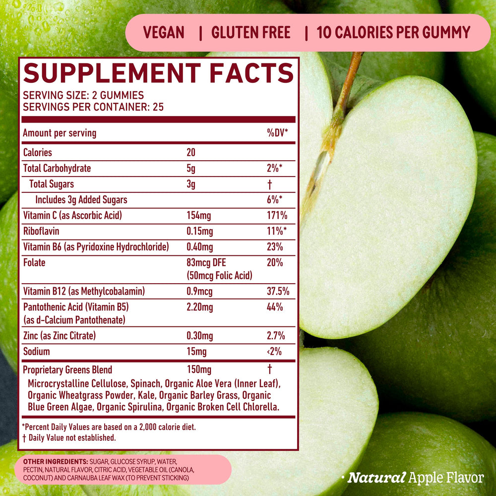 Ingredients label highlights chlorella and spirulina in 8Greens formula.