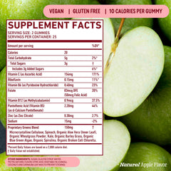 Ingredients label highlights chlorella and spirulina in 8Greens formula.