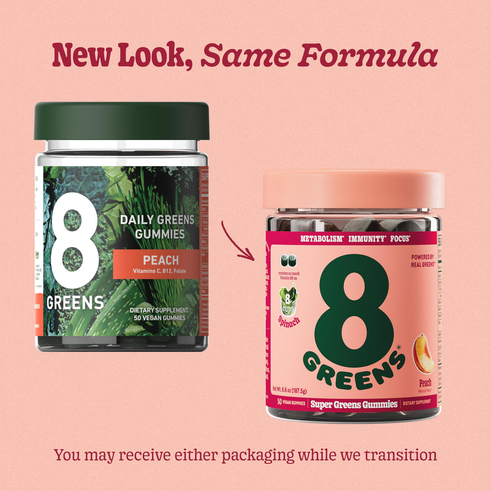 8Greens Peach flavored gummies pack offers convenient immunity and digestion support.