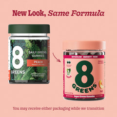 8Greens Peach flavored gummies pack offers convenient immunity and digestion support.