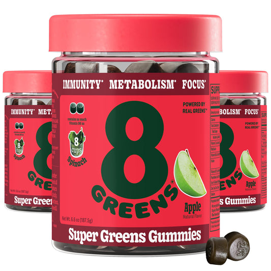 8Greens Supergreens Gummies bottle on kitchen counter, easy daily greens.