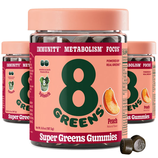 8Greens Supergreens Gummies pack hero showcases peach-flavored greens for daily wellness