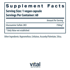 Close-up of Vital Nutrients vegan glucosamine sulfate capsules for cartilage comfort