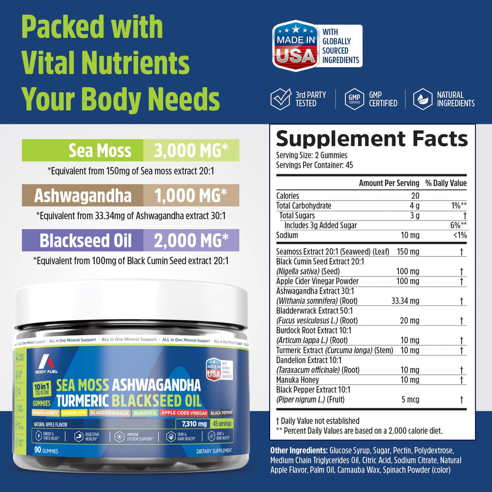 A1 Body Fuel Sea Moss Gummies with burdock root – skin hydration and clarity.