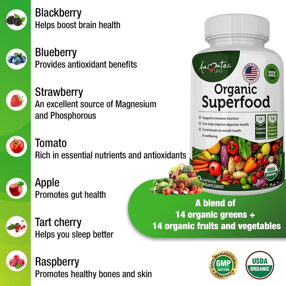 Aamatec Life scoop beside greens suggests easy smoothie mixing.