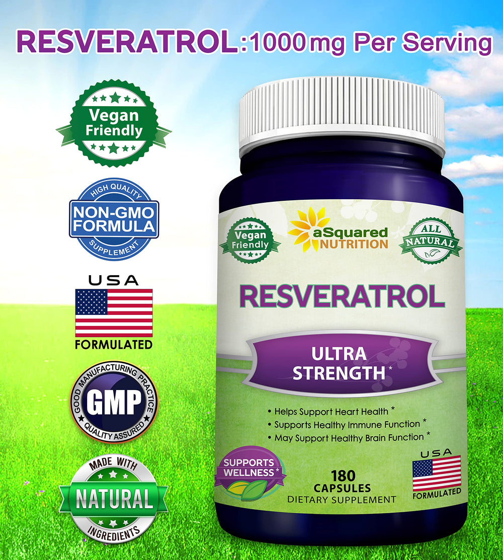 Label close-up of aSquared Nutrition Resveratrol with 180 capsules for 90 days.