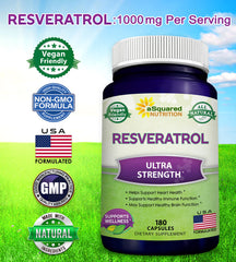 Label close-up of aSquared Nutrition Resveratrol with 180 capsules for 90 days.