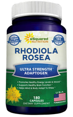 aasquared Nutrition Rhodiola Rosea bottle with 180 vegan capsules for daily energy.