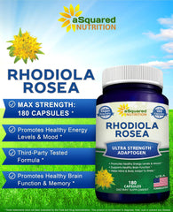 Label close-up of aasquared Rhodiola Rosea highlighting potency per serving.