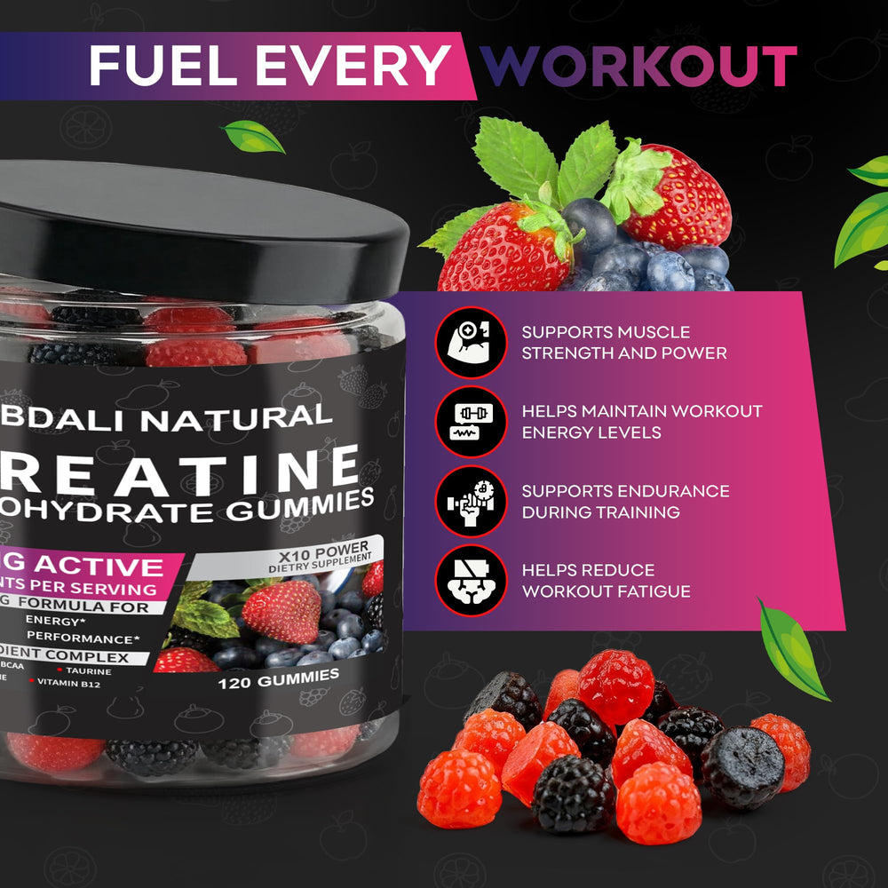 Close-up of ABDALI NATURAL Creatine Gummies label and vegan formula.