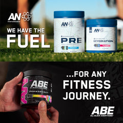 ABE All Black Everything bottle on gym bench suggests ready-to-use boost.