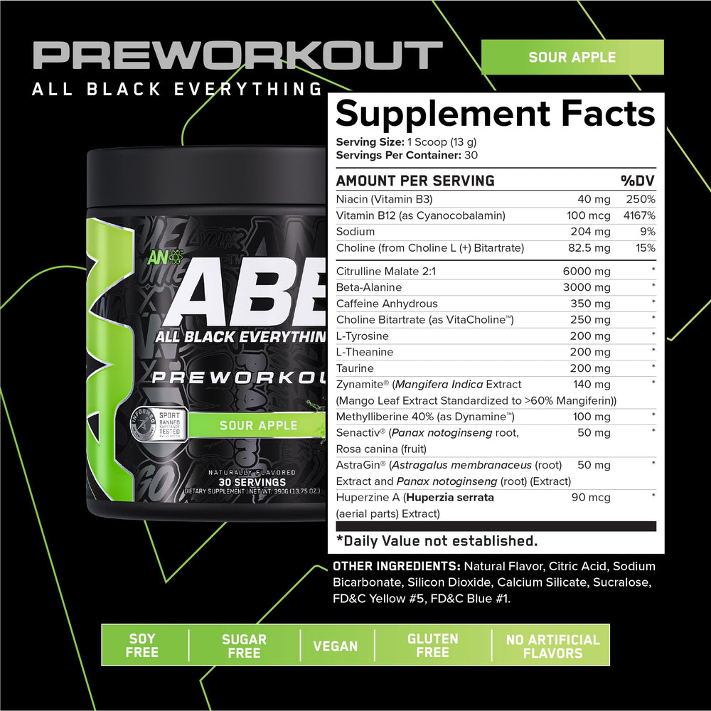 ABE All Black Everything sour apple powder poured into water before training.