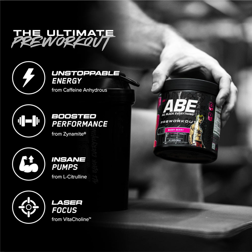 Scoop beside the ABE All Black Everything tub showing convenient serving.