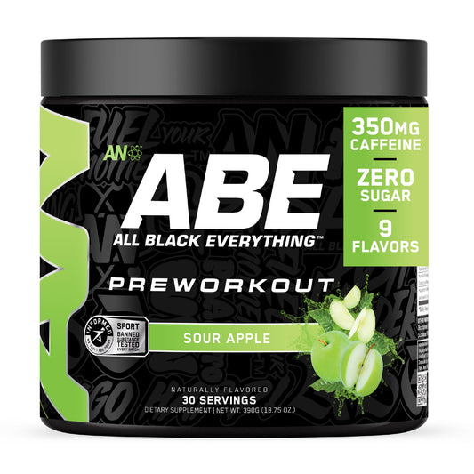 ABE All Black Everything sour apple pre-workout tub front view ready for training.