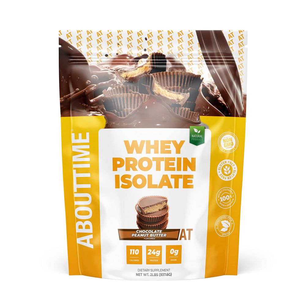 About Time Whey Isolate Chocolate Peanut Butter jar label, non-GMO and gluten-free.