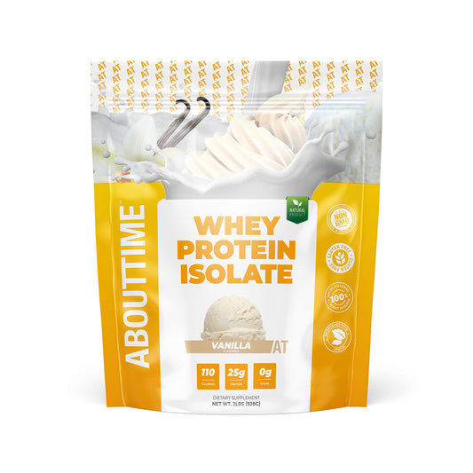 About Time Whey Protein Isolate Vanilla bottle highlights clean ingredients for daily lean muscle support