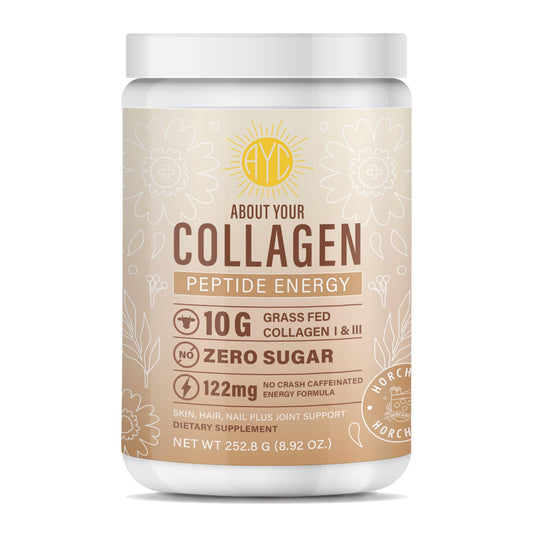 About Your Collagen Energy bottle pour in horchata flavor, showing a quick energy boost ritual.