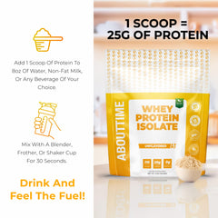 About Time Whey Isolate glass with shake illustrates smooth mix and versatile use