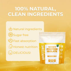 About Time Isolate label close-up emphasizes 26g protein per serving and clean ingredients