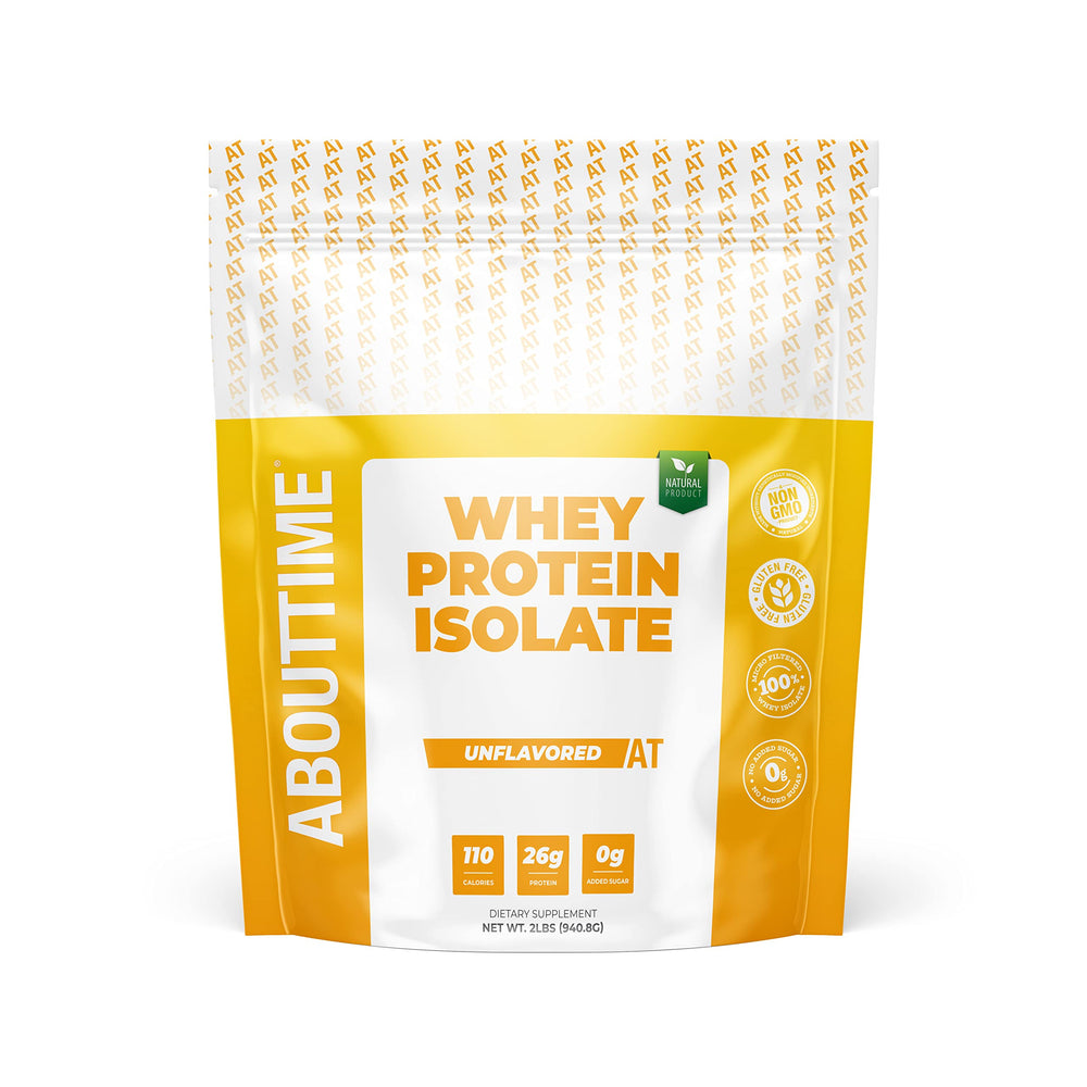 About Time Whey Isolate unflavored jar highlights a clean, five-ingredient formula for daily protein