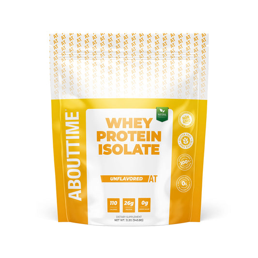 About Time Whey Isolate unflavored jar highlights a clean, five-ingredient formula for daily protein