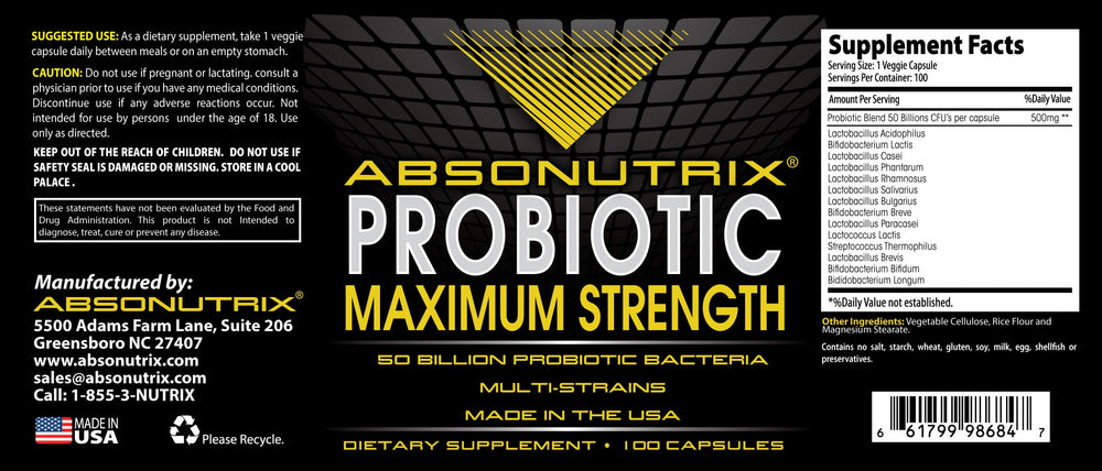 Absonutrix probiotic label confirms Made in USA and multi-strain formulation