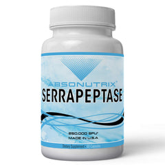 Absonutrix Serrapeptase bottle label shows 250,000 SPU strength for daily wellness.