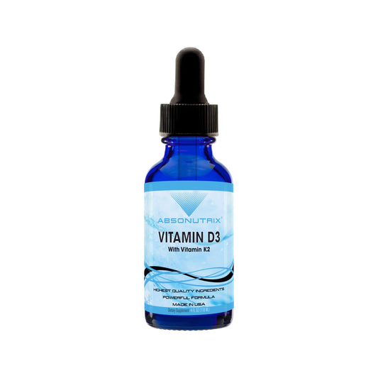 Absonutrix Vitamin D3 K2 Drops bottle with clear label for easy daily dosing.