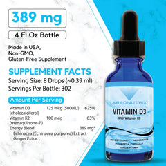 Absonutrix Vitamin D3 K2 Drops dropper ensures precise dispense for consistent daily use.
