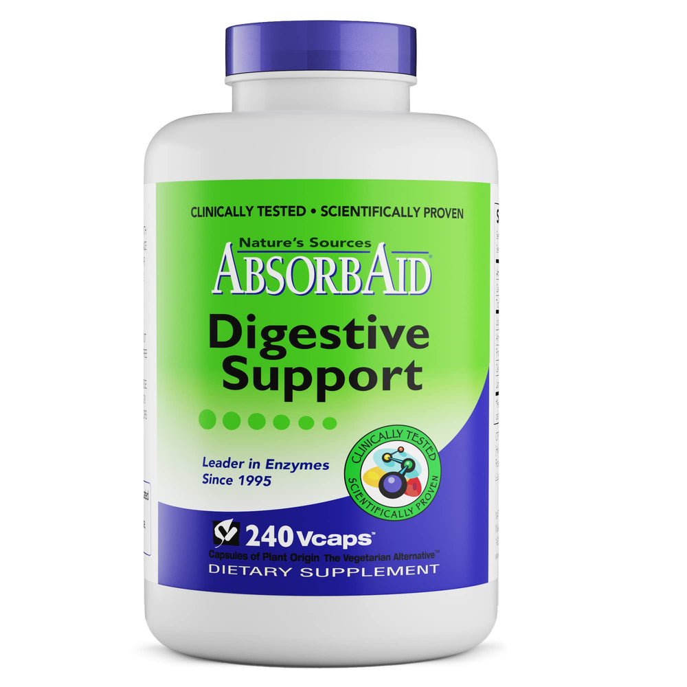 AbsorbAid Digestive Enzymes bottle cap on kitchen counter for easy daily use.