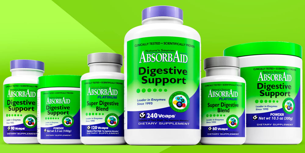 AbsorbAid plant extracts imagery emphasizing natural enzyme-based formula.